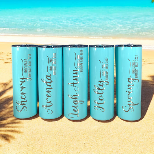 Laser Engraved Personalized 20 oz. Skinny Tumbler-Personalized Tumbler w/ Straw-Girls Trip-Vacation-Trip Tumbler-Teacher Gift-Spring Break