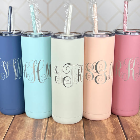 Laser Engraved Personalized Monogram 20 oz. Tumbler-Skinny Tumbler Straw-Bridesmaid-Teacher-Bride Groom Gift-Stainless Steel Insulated Cup