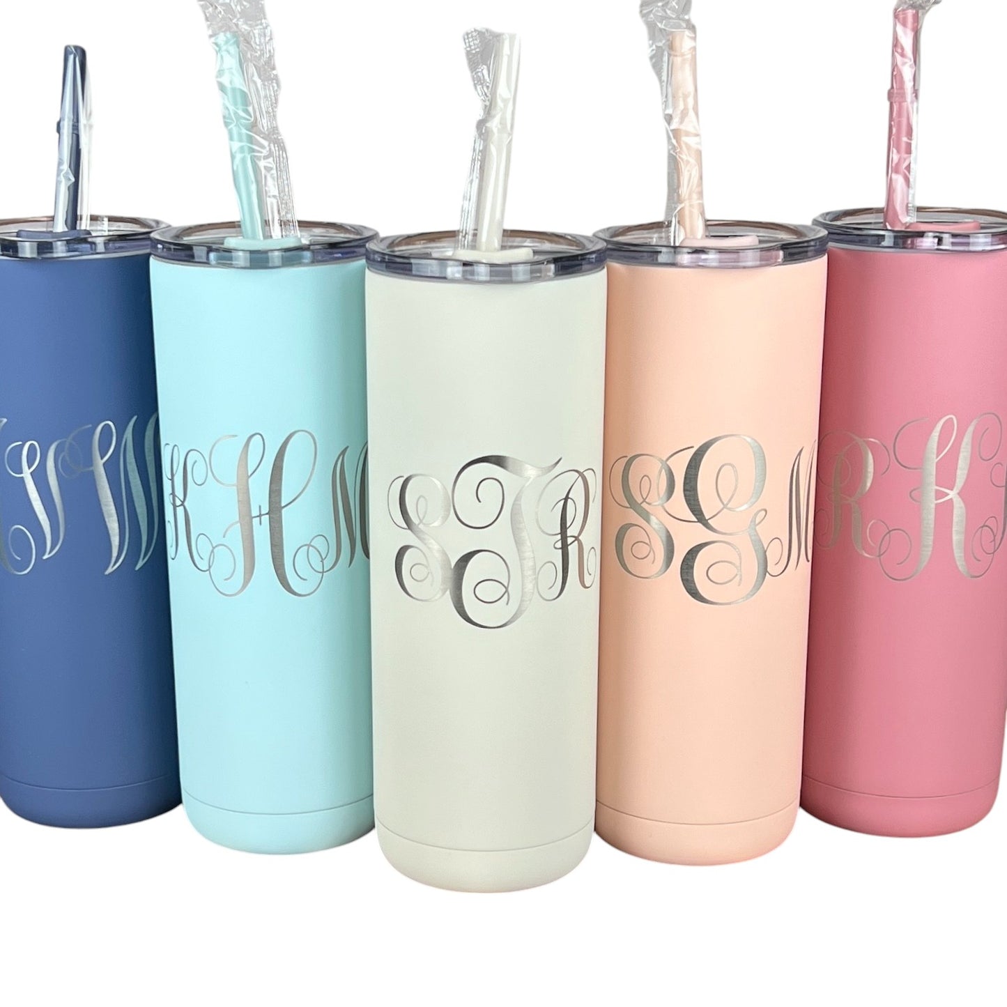 Laser Engraved Personalized Monogram 20 oz. Tumbler-Skinny Tumbler Straw-Bridesmaid-Teacher-Bride Groom Gift-Stainless Steel Insulated Cup