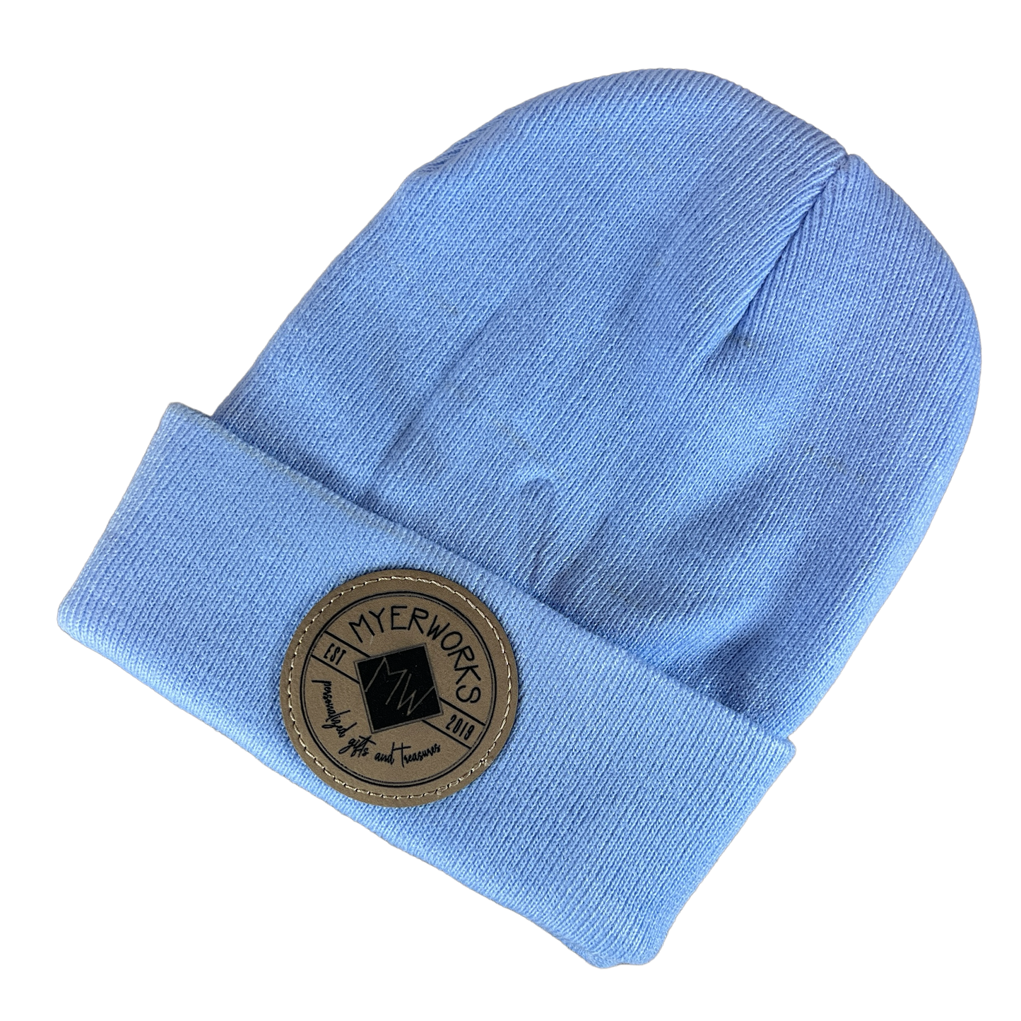 Beanie with Patch, Leather(ette), Rectangle and Circle Shapes