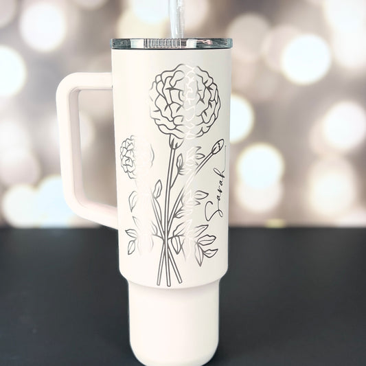 Birth Month Flower Laser Engraved Tumbler-40 oz.-Personalized Tumbler-Mother's Day-Bridesmaid-Birthday Gift