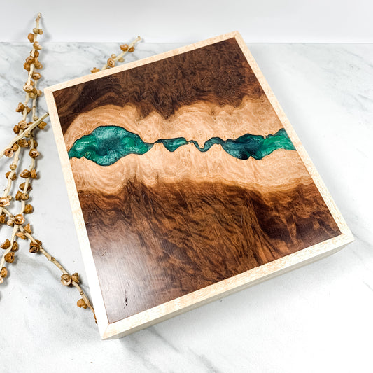 Green Resin, Red Mallee Burl, and Curly Maple Box with Insert Keepsake Box-7971