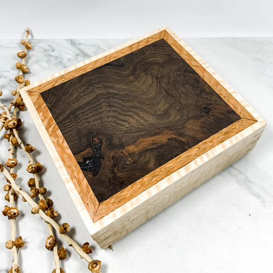 Claro Walnut Burl, Lacewood, and Curly Maple Box Keepsake Box-8133