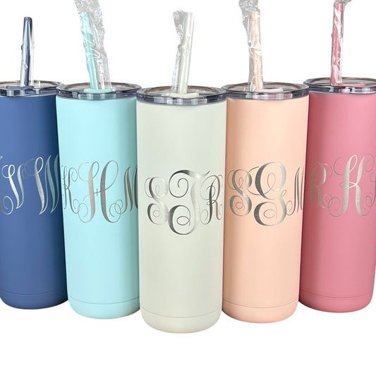Laser Engraved Personalized Monogram 20 oz. Tumbler-Skinny Tumbler Straw-Bridesmaid-Teacher-Bride Groom Gift-Stainless Steel Insulated Cup