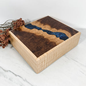 Navy Resin, Red Mallee Burl, and Curly Maple Box Keepsake Box-7993