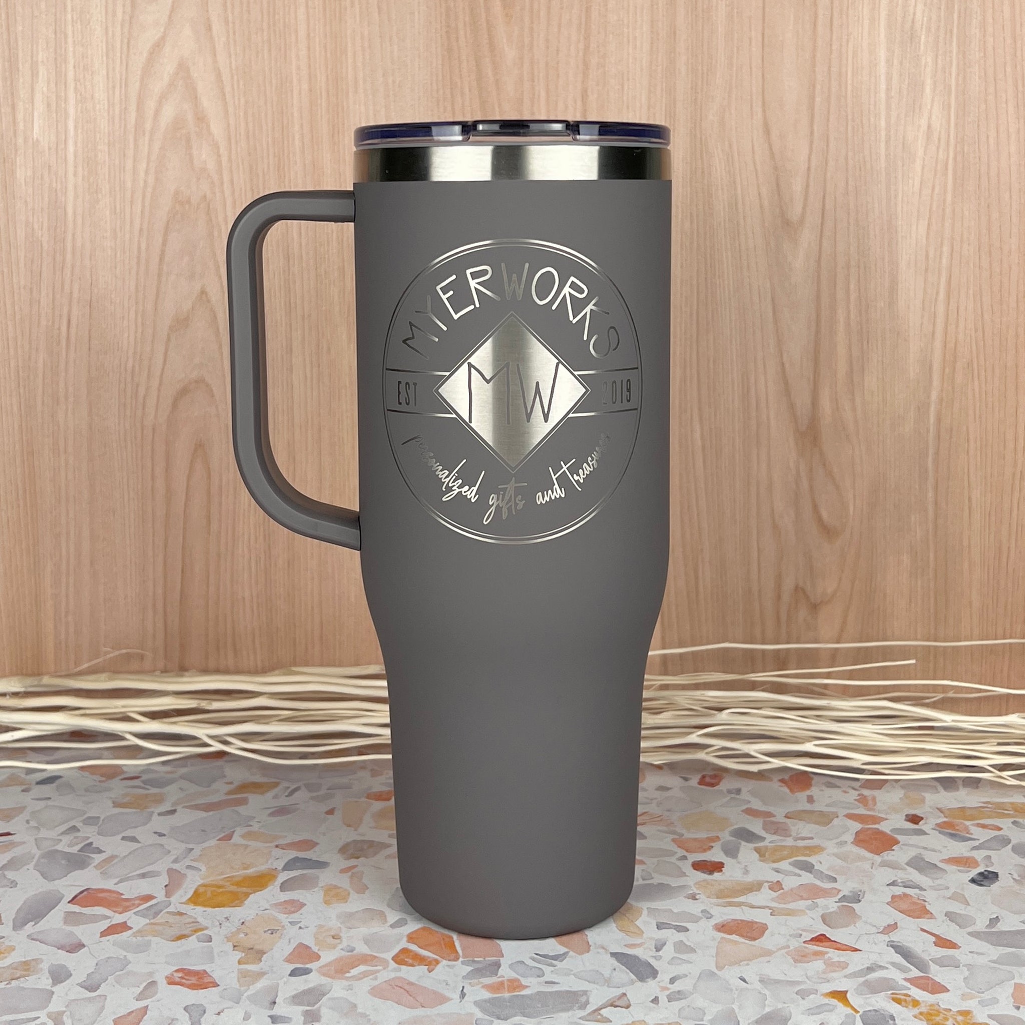 Large 40 oz. E2M Travel Mug  Personalized Laser Engraved Drinkware